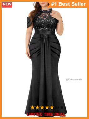 Plus Size Sequin Lace Pleated Halter Mermaid Maxi Evening Gown Dress